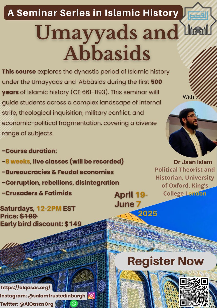 I will be teaching an 8-week course with <a href="/AlQasasOrg/">AlQasas</a> on Islamic history, covering the period from the Umayyads to the Crusades (661-1193 CE).

We will use a critical historical approach that utilizes primary Islamic sources and critically assesses orientalist works, providing an