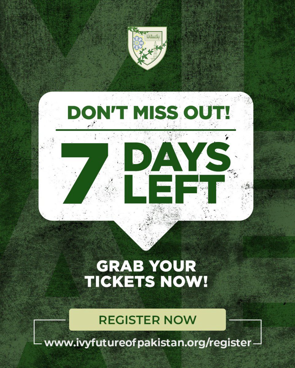 7 days left! 🇵🇰 Don’t miss out! Register below.

Register now: ivyfutureofpakistan.org/register

#IvyFutureOfPakistan #YaliesForPakistan #RegisterNow <a href="/WajSKhan/">Wajahat S. Khan</a>