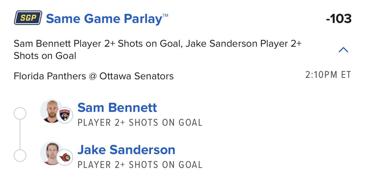 🏒 FLA vs OTT 🏒

I saw @TopCheddarPicks on this and couldn’t resist!

Jake Sanderson - averages 2.6 SOG at home

Sam Bennett - averages 2.97 SOG away

I think we get great odds at -103

#NHLPicks #GamblingX #Fanduel