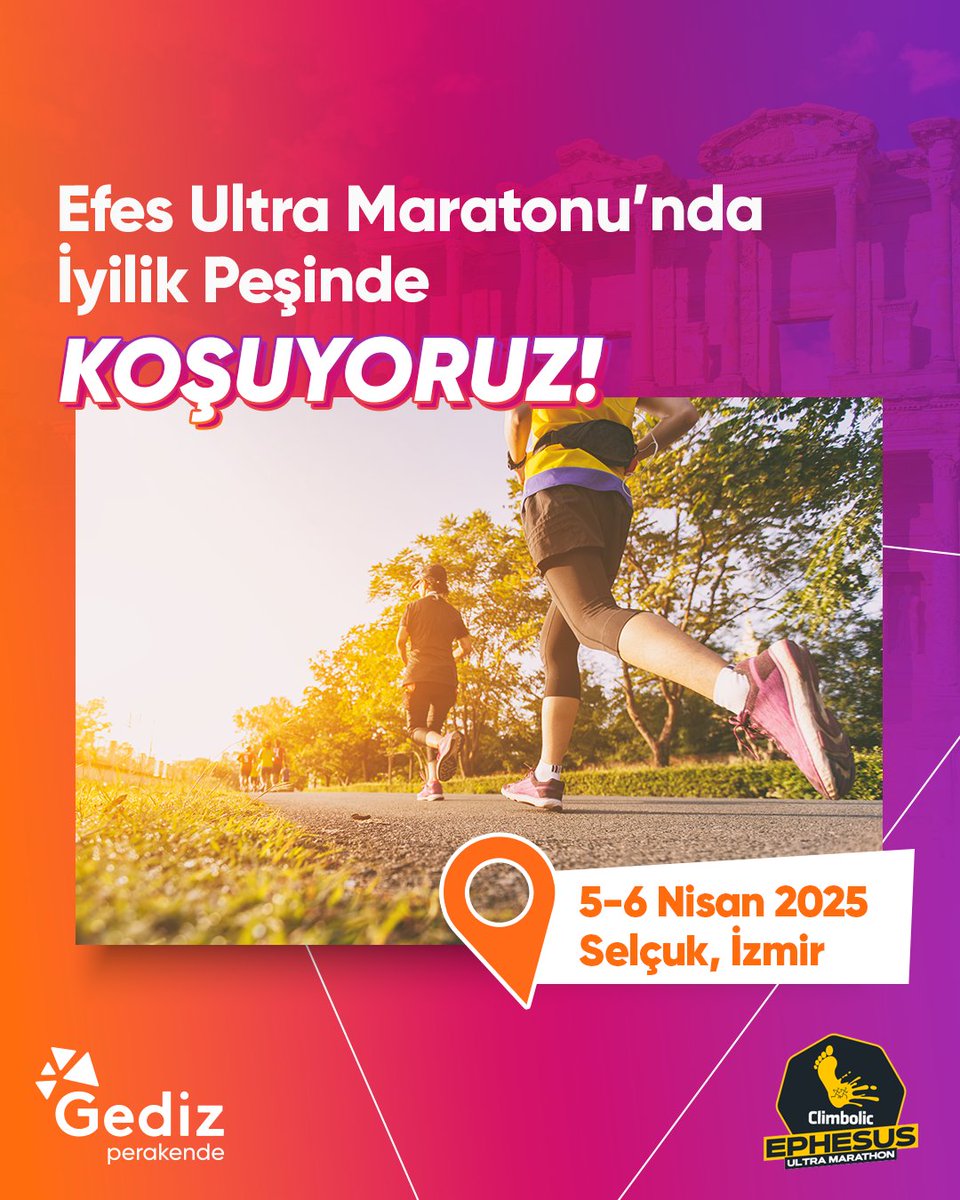 Gediz Perakende olarak Efes Ultra Maratonu’nda iyilik için koşuyoruz!
Adımlarımız bu yıl, Türkiye Eğitim Vakfı’nın “Eğitimde Dur Durak Yok” projesiyle daha fazla gencin eğitimine umut olmak için atılıyor.
Kurumsal koşu takımımızla, iyiliğin peşinden gidiyor, eğitimin gücüne hep