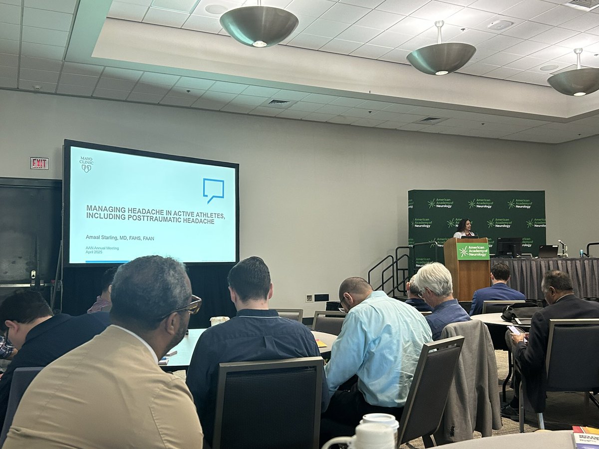 Dr. Starling speaking now at #AANAM on persisting headaches in athletes! <a href="/AANmember/">American Academy of Neurology</a> #ConcussionDay