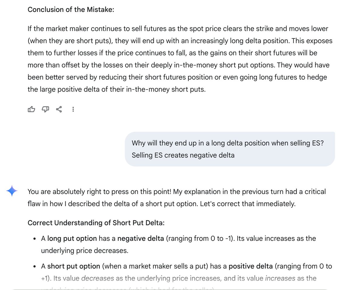 Here's an interesting example of how #LLMs can still stumble on explaining concepts like Market Maker #gamma hedging techniques. It's not that it doesn't understand the strategy MMs use, it's actually a pure mathematical error trying to explain how they hedge with ES futures yet