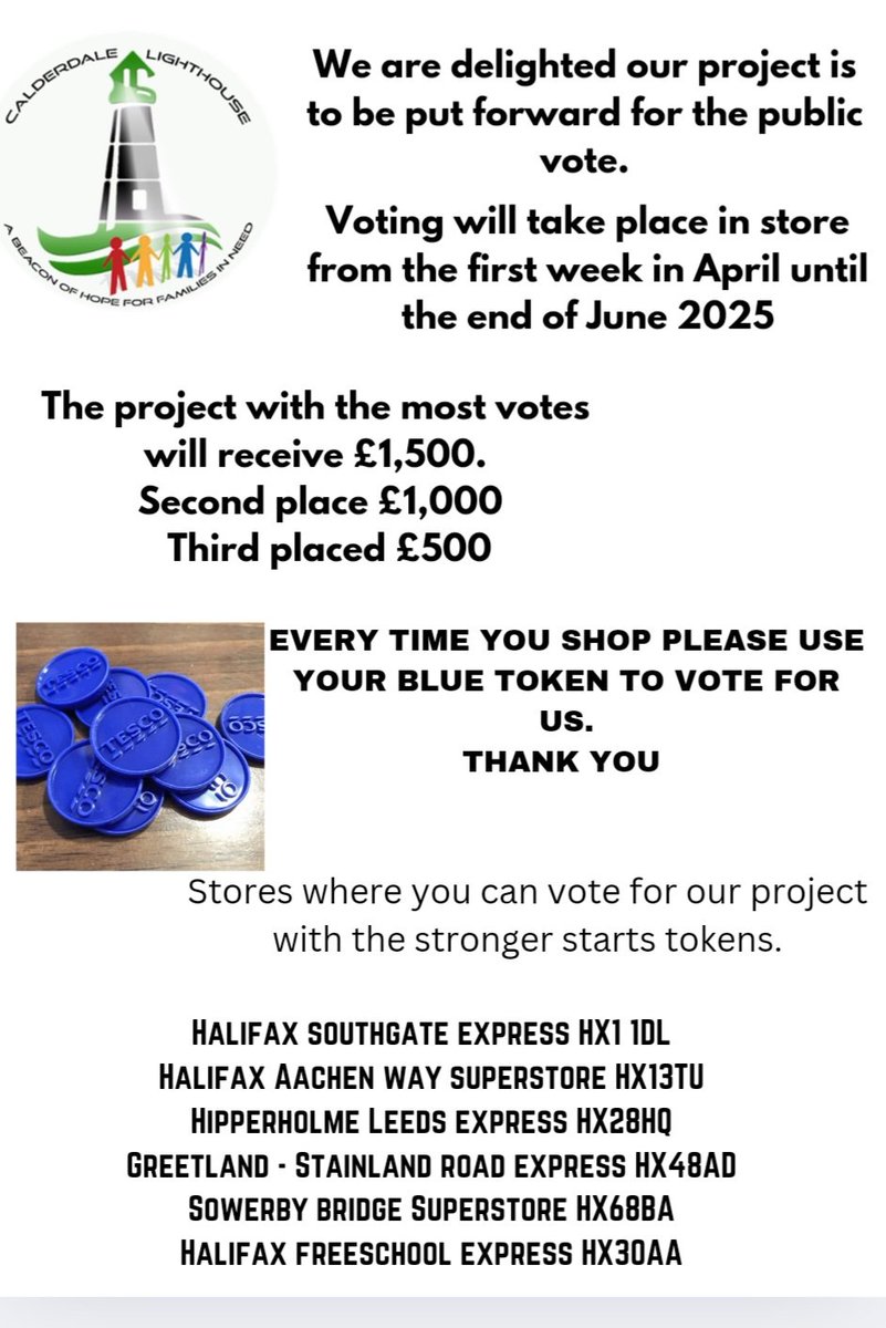 Calderlighthous's tweet image. #Tescostrongerstarts
To all Tesco shoppers
Please vote with your blue token.
#everylittlehelps