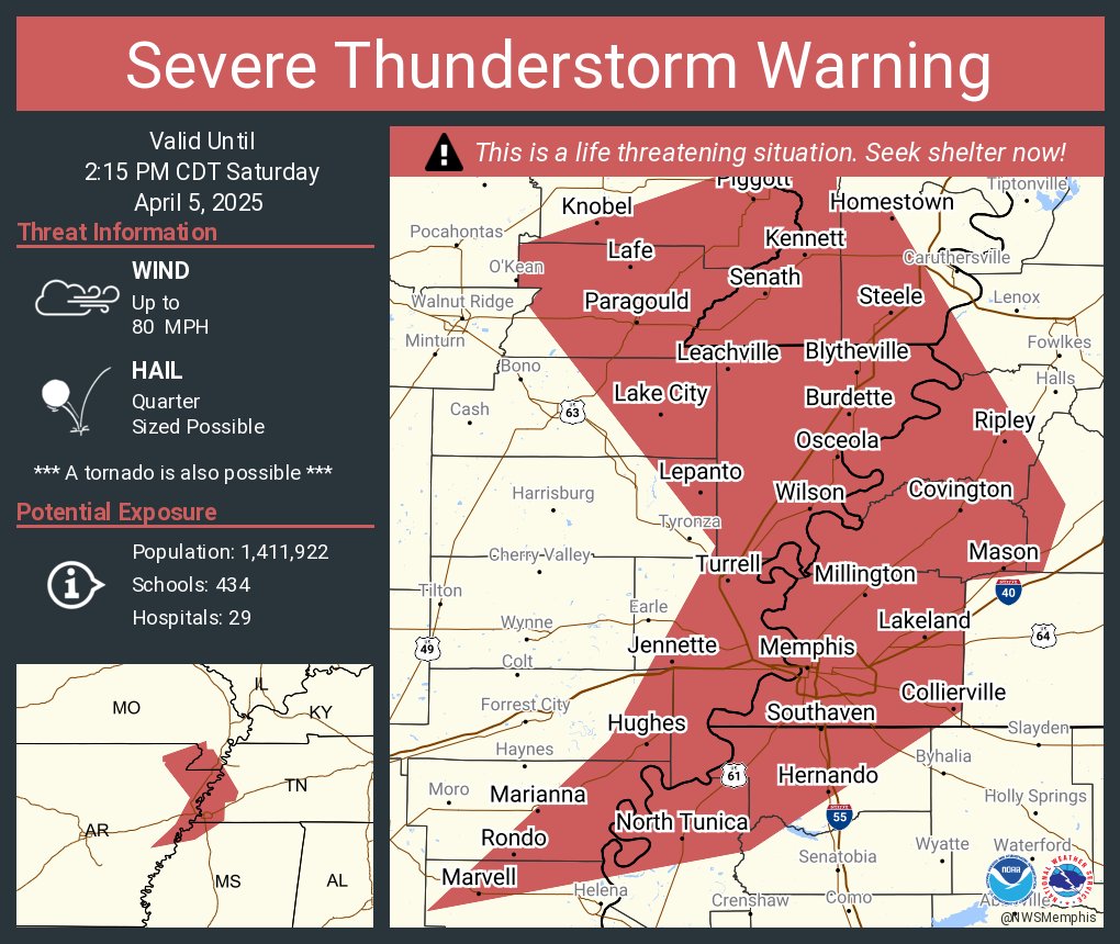 Severe Thunderstorm Warning including Memphis TN, Bartlett TN and  Southaven MS until 2:15 PM CDT. This destructive storm will contain wind gusts to 80 MPH!