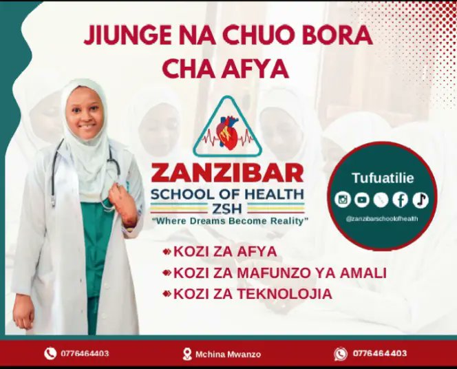 Kuwa Mtaalam  wa Masuala ya Afya, Teknolojia na Kozi za Mafunzo ya Amali kwa kujiunga na Chuo Bora Cha Afya Zanzibar! 

#healthexperts
#zshofficial
#technology
#zanzibarschoolofhealth
#technologyinhealth
#healthierlife
#www.zsh.ac.tz