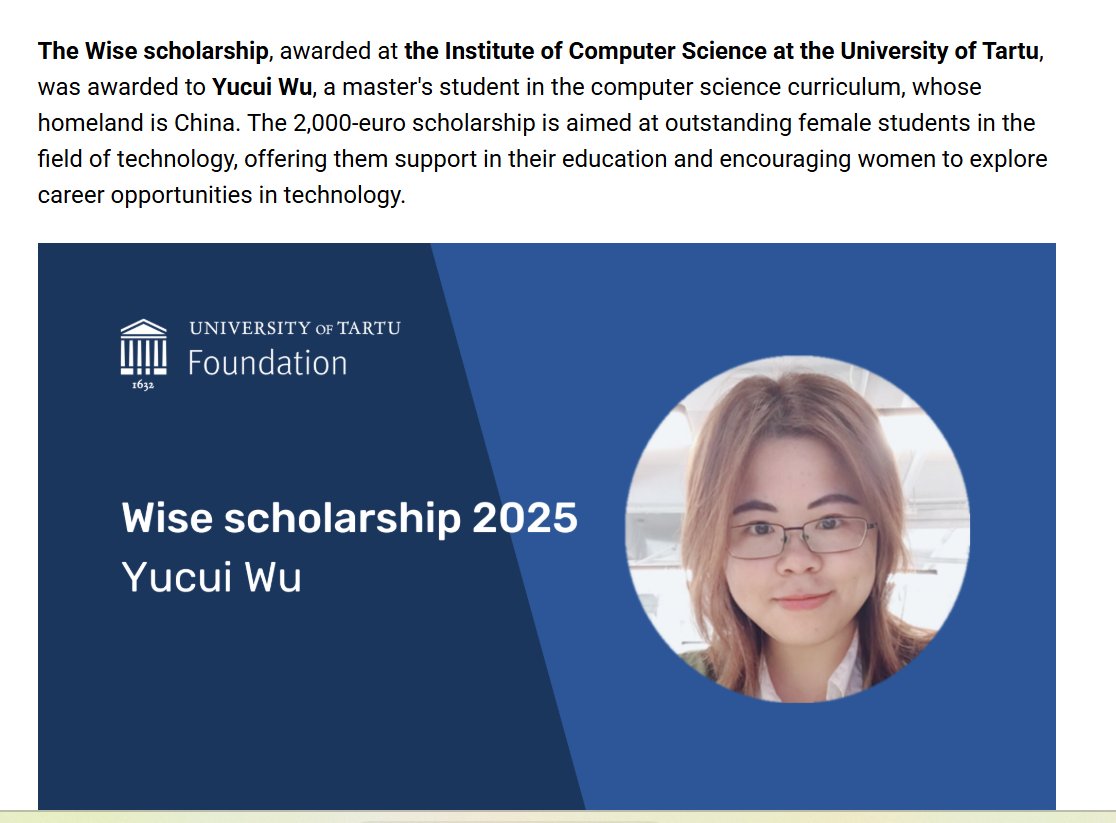ryankallol's tweet photo. I am pleased to share the information that my Master's student at the University of Tartu Institute of Computer Science, Yucui Wu, received the Wise scholarship.
Congratulations Yucui! https://t.co/kKjF9KS4NC