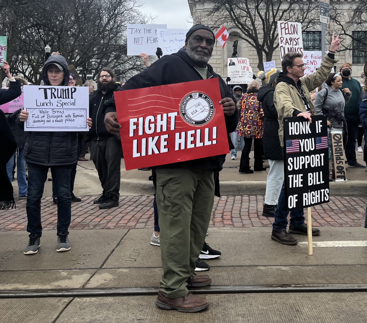 MaxBrunoLewis's tweet photo. So many union members in Detroit today to tell Donald Trump and Elon Musk #HandsOff2025 !!! #1u https://t.co/SJUYTxrV50