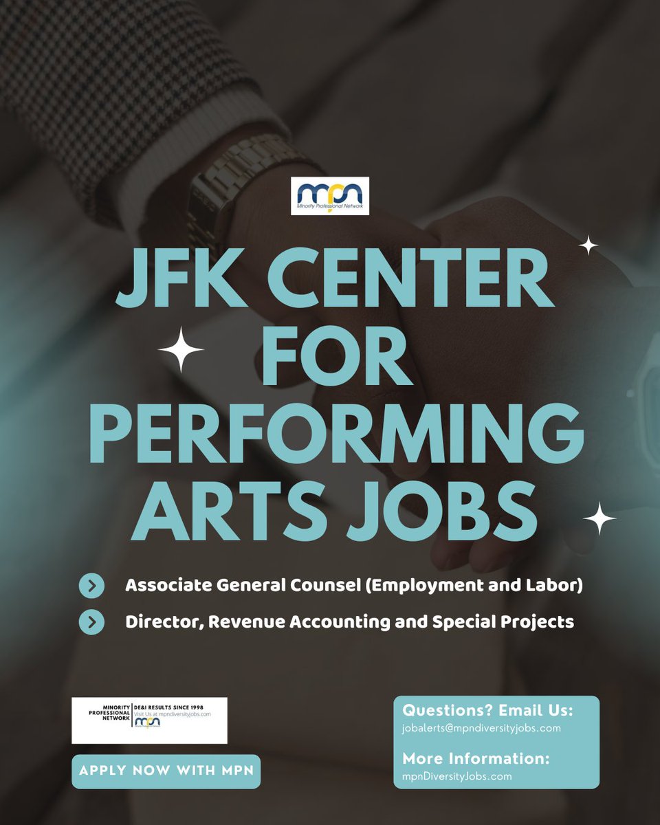 🎭 The John F. Kennedy Center for the Performing Arts

Associate General Counsel (Employment and Labor)
mpndiversityjobs.com/job/65686/

Director, Revenue Accounting and Special Projects
mpndiversityjobs.com/job/65688/

#ArtsAdministration #LegalJobs #AccountingCareers #DCJobs