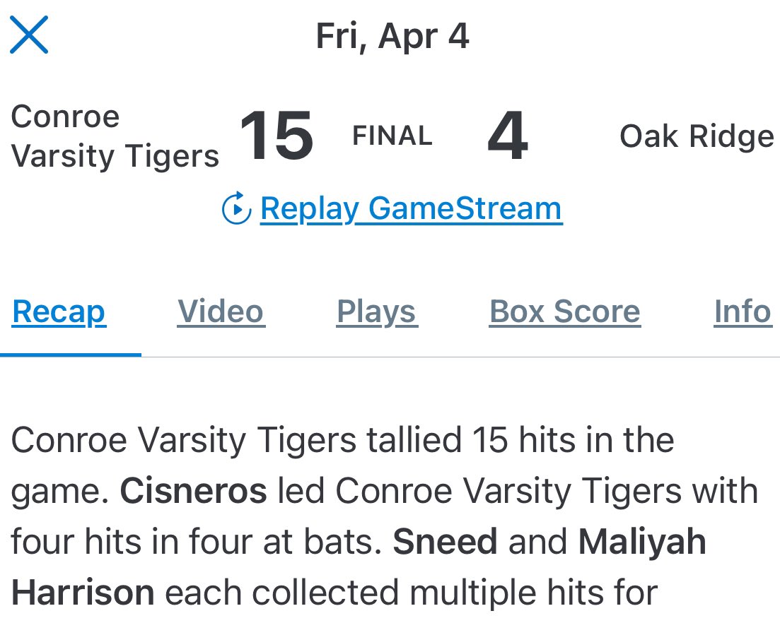 OliviaCisne08's tweet photo. Another W last night against Oak Ridge. I went 4-4 in my at bats, scoring 4 runs. Sic’em Tigers🐅@CONROESOFTBALL @SI_Oglesby @IrscSoftball @EckerdSoftball @LSUEBengalsSB https://t.co/Y076CebCCN