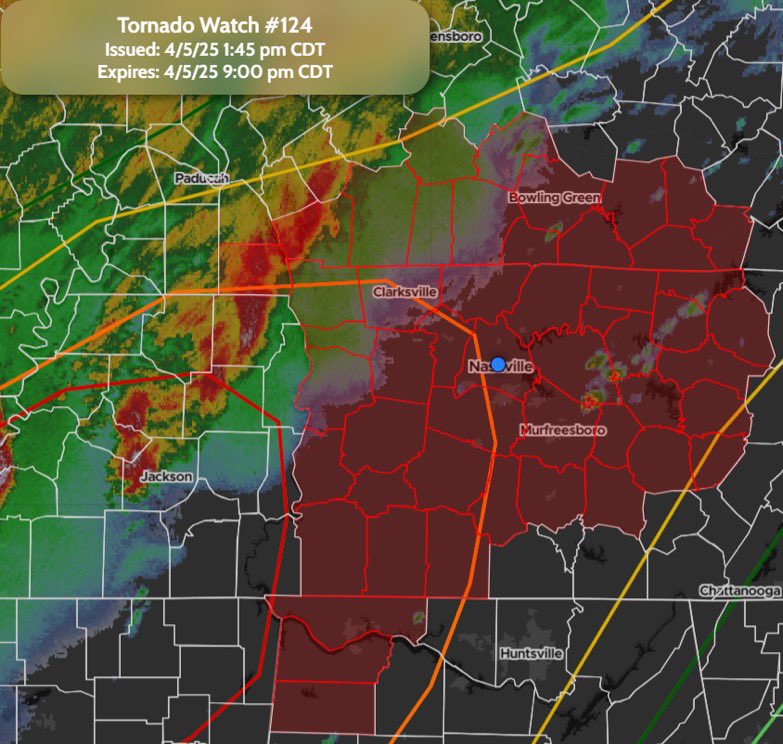 StormTrackingHQ's tweet photo. #TornadoWatch 0124 has been issued for parts of #Tennessee, #Alabama and #Kentucky until 9:00 pm CDT #wxtwitter #wxX #severewx #severe #severeweather #ModerateRisk #Tornado #tnwx #alwx #kywx #BowlingGreen #ColumbiaTN #Murfreesboro #Nashville #Clarksville #FlorenceAL
A couple strong #tornadoes possible
Isolated #hail up to ping pong size possible
Widespread gusts up to 75 MPH likely