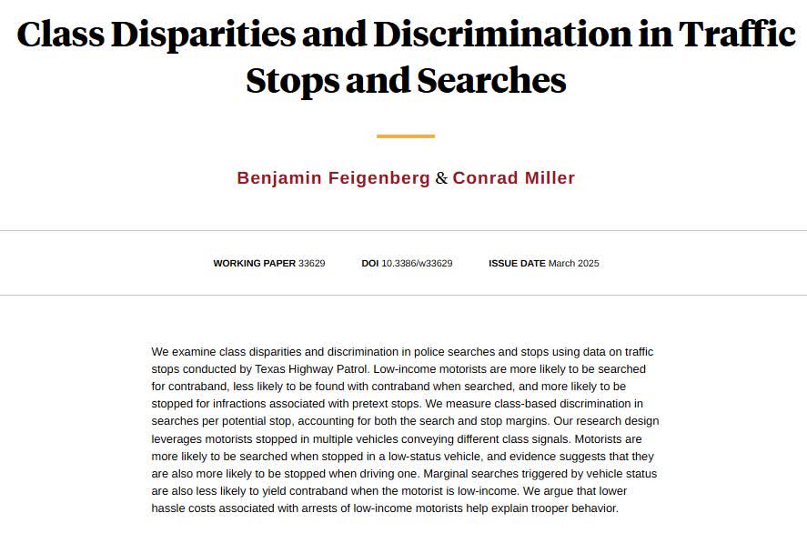NBER (@nberpubs) on Twitter photo Police search low-income motorists more often but are less likely to find contraband in those searches and disparities are driven, at least in part, by class-based profiling, from Benjamin Feigenberg and <a href="/conradcmiller/">Conrad Miller</a> nber.org/papers/w33629 Police search low-income motorists more often but are less likely to find contraband in those searches and disparities are driven, at least in part, by class-based profiling, from Benjamin Feigenberg and <a href="/conradcmiller/">Conrad Miller</a> nber.org/papers/w33629