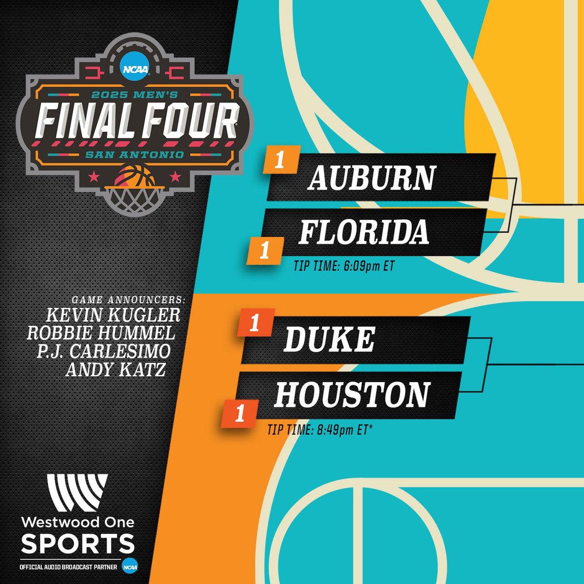 Westwood One Sports (@westwood1sports) on Twitter photo Finally! #MFinalFour
Join <a href="/HorowitzJason/">Jason Horowitz</a> & <a href="/NickBahe/">Nick Bahe</a> for The Final Four Show right now!
Full pregame coverage of
<a href="/AuburnMBB/">Auburn Basketball</a> vs <a href="/GatorsMBK/">Florida Gators Men’s Basketball</a>
<a href="/DukeMBB/">Duke Men’s Basketball</a> vs <a href="/UHCougarMBK/">Houston Men's Hoops 🏀 🐾</a>
📍: San Antonio
📻: #MarchMadness Affiliates
🖥️: WestwoodOneSports.com/NCAAPlayer
📱: WWO App, #MMLive, @Varsity & Finally! #MFinalFour
Join <a href="/HorowitzJason/">Jason Horowitz</a> & <a href="/NickBahe/">Nick Bahe</a> for The Final Four Show right now!
Full pregame coverage of
<a href="/AuburnMBB/">Auburn Basketball</a> vs <a href="/GatorsMBK/">Florida Gators Men’s Basketball</a>
<a href="/DukeMBB/">Duke Men’s Basketball</a> vs <a href="/UHCougarMBK/">Houston Men's Hoops 🏀 🐾</a>
📍: San Antonio
📻: #MarchMadness Affiliates
🖥️: WestwoodOneSports.com/NCAAPlayer
📱: WWO App, #MMLive, @Varsity &