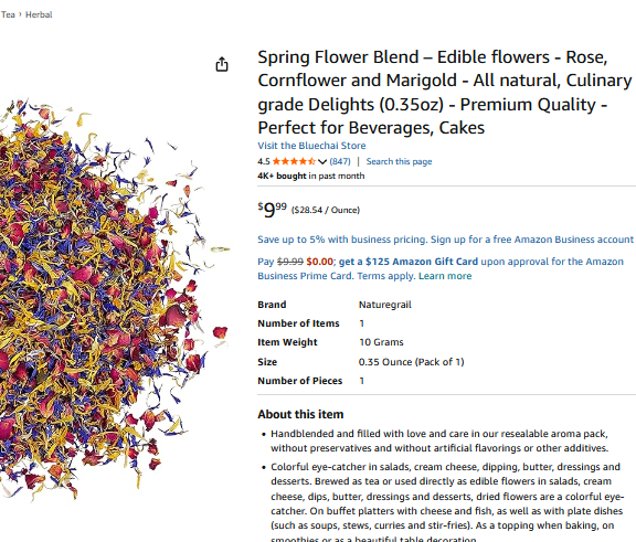 poor_harry's tweet photo. @JR42845598 That $15.00 round tin in the lower right is filled with 5g of dried flower petals.  The identical product is available on Amazon for 1/3 of Meghan's price.  It is also advertised on Amazon for food for rabbits and guinea pigs. https://t.co/3YKLByblnD