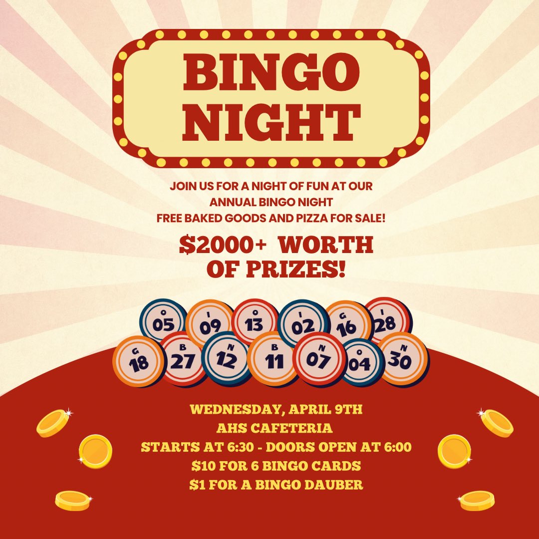 Bingo night is this Wednesday!! Join us in the AHS cafeteria for bingo, food, and amazing prizes. We can’t wait to see you there!!