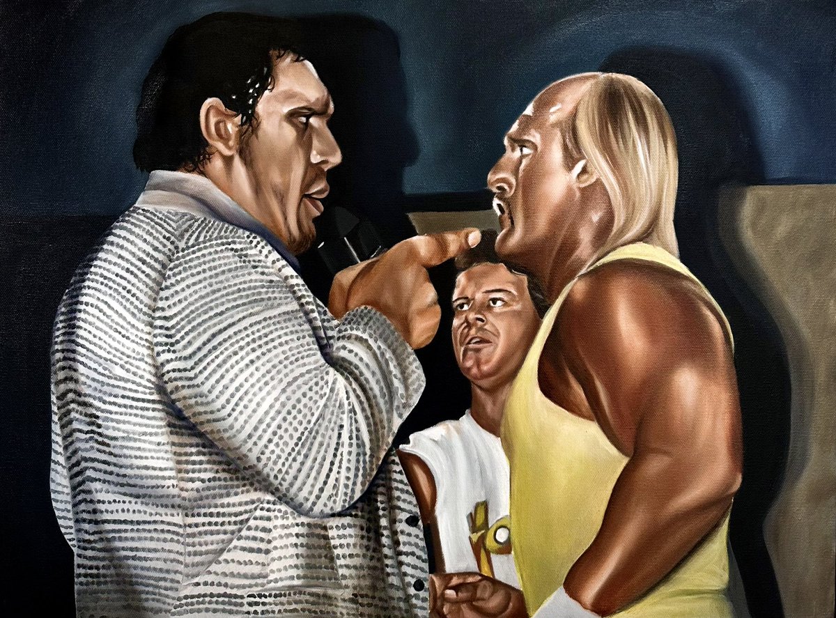 naomi_rosenblum's tweet image. This painting of Hulk Hogan, Andre, and Roddy is finished. 🤌 An iconic moment in time. Prints are finally up!