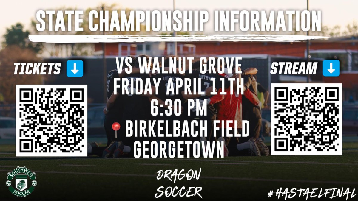 🚨 DRAGON SOCCER STATE CHAMPIONSHIP 🚨

Mark your calendars and get ready for one FINAL road trip! 

🆚 Walnut Grove Wildcats (Prosper, TX)

🗓️ 4/11/25

⏰ 6:30pm

🦫 tinyurl.com/Bucees-35

📍 tinyurl.com/Birkelbach-Fie…

🎟️ tinyurl.com/State-Champion…

💻 tinyurl.com/State-Champion… (fee)
