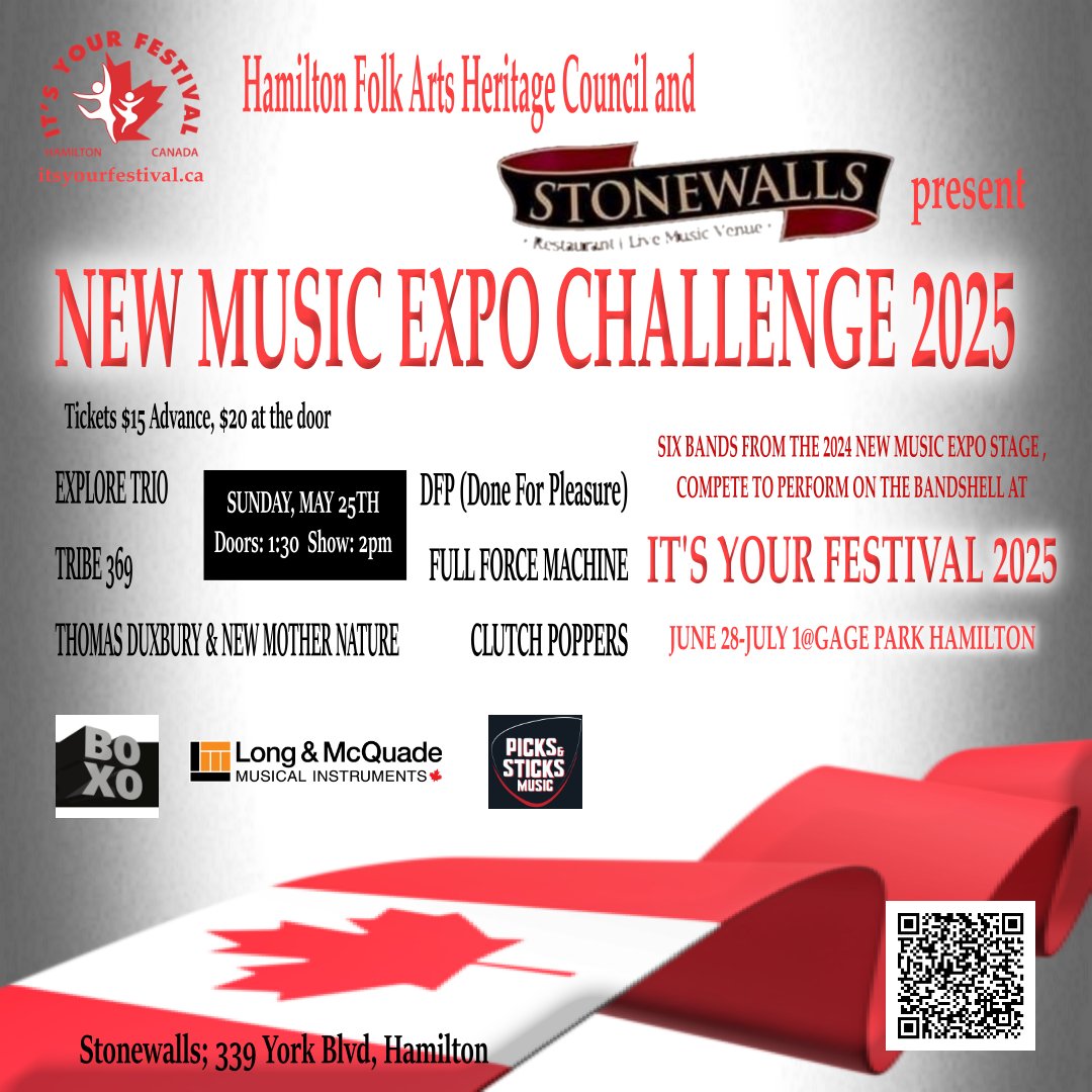 itsmyfestival's tweet image. Join us at Stonewalls Restobar, Hamilton for the 2nd Annual New Music Expo Challenge Fundraiser for It's Your Festival.
6 bands from the 2024 New Music Expo Stage will compete for a spot on the Gage Park Bandshell during It's Your Festival 2025.
ticketleap.events/tickets/itsyou…