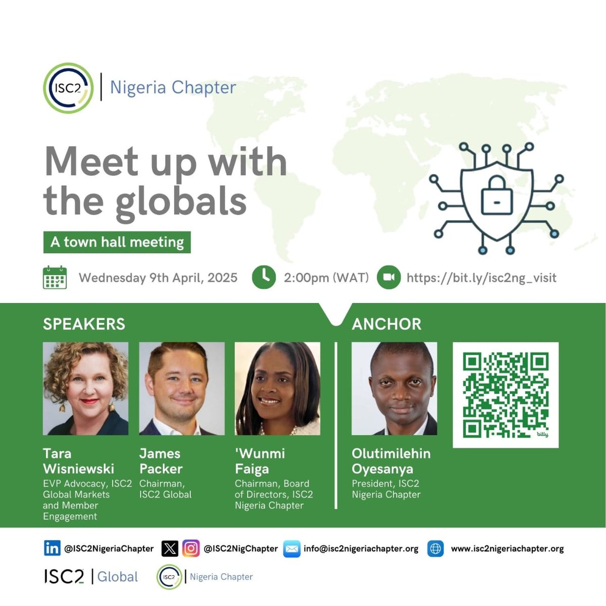 Join us online!
ISC2 Nigeria Town Hall: Meet Up with the Globals
Date: Wed, April 9, 2025
Time: 2:00 PM WAT
Register: bit.ly/isc2ng_visit

Connect with <a href="/ISC2/">ISC2</a> global leaders, explore membership, volunteering, certifications, and more.