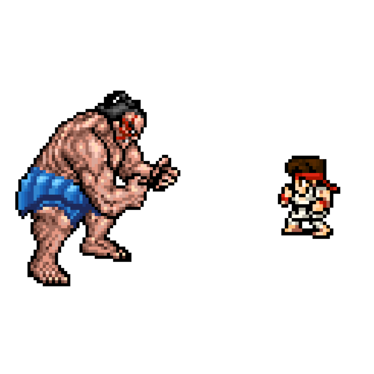 lowmh's tweet image. エドモンド本田vsリュウ

#ドット絵
#pixelart
#格ゲーキャラ描こうぜ
#FF5