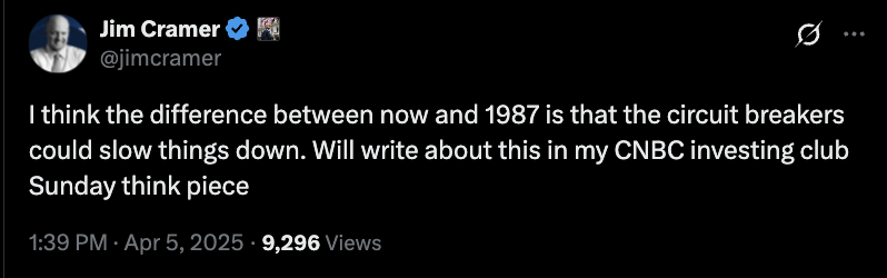 unusual_whales's tweet photo. BREAKING: Jim Cramer has said that Monday will be Black Monday of 1987, where the market collapsed 23% in a single day. https://t.co/TgeQ4w3Gnz