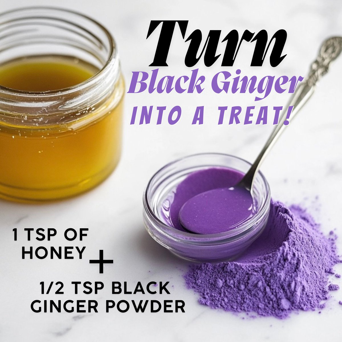 addictivewllnss's tweet photo. Turn your daily dose of Black Ginger into a treat!
This simple mix of 1 tsp of honey + 1/2 tsp of Thai Black Ginger powder is deliciously powerful—and tastes WAY better than a capsule.

So why should you care about Thai Black Ginger?
This ancient herb has been used for centuries in Thai traditional medicine to support energy, vitality, and longevity. Here’s what makes it so incredible:

⚡ Natural Energy Boost – Black Ginger supports ATP production, giving your body real, sustained energy without the crash.
❤️ Circulation & Blood Flow – It promotes healthy blood circulation, supporting your heart, brain, and even… ahem, other areas.
**Muscle & Exercise Support – Great for workouts, recovery, and staying active.
🧠 Brain Function – Compounds in Black Ginger support cognitive clarity and memory.
🔥 Metabolism & Fat Burning – It may help increase thermogenesis, supporting healthy weight management.

And when you mix it with honey? You’re not just making it tastier—you’re also adding enzymes, antioxidants, and a natural sweetness that turns this powerful root into something you actually crave.

Try it in the morning or as a pre-workout boost—and let your body thank you!