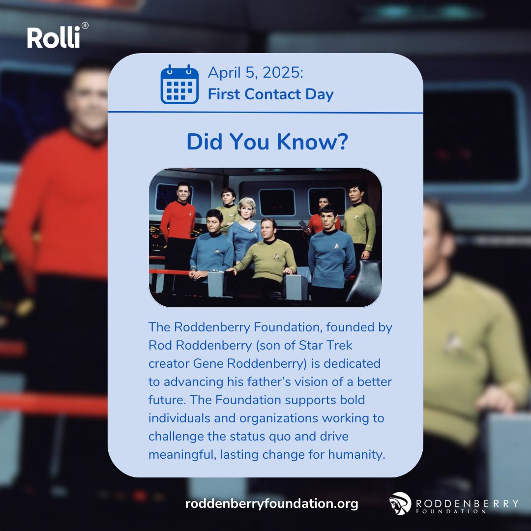 Rolli (@rolliapp) on Twitter photo April 5 is #FirstContactDay celebrating humanity’s hopeful future in Star Trek.
The Roddenberry Foundation (<a href="/RoddenberryFdn/">The Roddenberry Foundation</a>) founded by Rod Roddenberry, is a proud supporter of Rolli and our mission to strengthen journalism and elevate truth. April 5 is #FirstContactDay celebrating humanity’s hopeful future in Star Trek.
The Roddenberry Foundation (<a href="/RoddenberryFdn/">The Roddenberry Foundation</a>) founded by Rod Roddenberry, is a proud supporter of Rolli and our mission to strengthen journalism and elevate truth.
