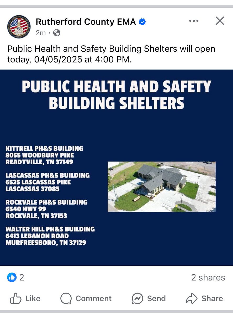 Kelyn Denton (@kelyndenton) on Twitter photo If needed shelters will be open at 4:00pm.
<a href="/RuCoWeather/">Rutherford Weather</a> <a href="/RuthSevereWx/">RuthSevereWx</a> <a href="/MboroSevereWx/">Murfreesboro Weather</a> If needed shelters will be open at 4:00pm.
<a href="/RuCoWeather/">Rutherford Weather</a> <a href="/RuthSevereWx/">RuthSevereWx</a> <a href="/MboroSevereWx/">Murfreesboro Weather</a>