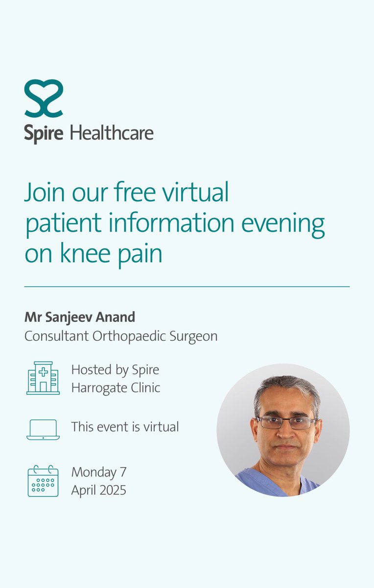 Sanjeev Anand (@sanand65) on Twitter photo Got questions about knee pain or injuries?
Join me for a virtual Q&A session where I’ll be answering the most common questions from my knee clinic—plus any concerns you have about your own knee health.
<a href="/spirehealthcare/">Spire Healthcare</a>
⏰ Time: 6:30 PM
Register here:
events.teams.microsoft.com/event/c21c1a05… Got questions about knee pain or injuries?
Join me for a virtual Q&A session where I’ll be answering the most common questions from my knee clinic—plus any concerns you have about your own knee health.
<a href="/spirehealthcare/">Spire Healthcare</a>
⏰ Time: 6:30 PM
Register here:
events.teams.microsoft.com/event/c21c1a05…