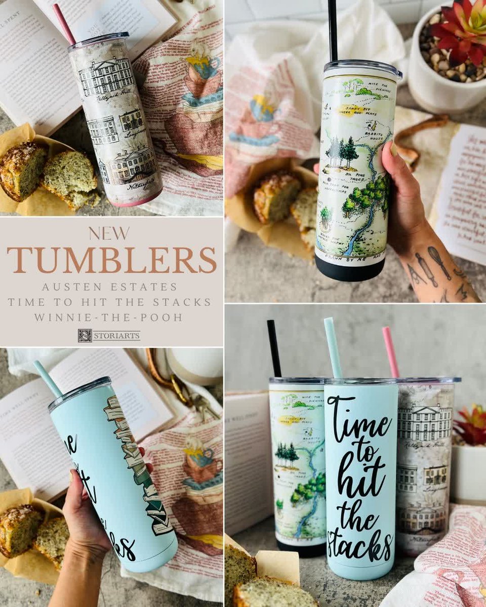 New arrival alert! 🚨 
Keep your drink hot or cold in style with our 20oz stainless steel tumblers—each comes with a straw + literary charm. Choose from 3 delightful designs:
📚 Time to hit the stacks
🐝 Winnie-the-Pooh
🏡 Austen Estates