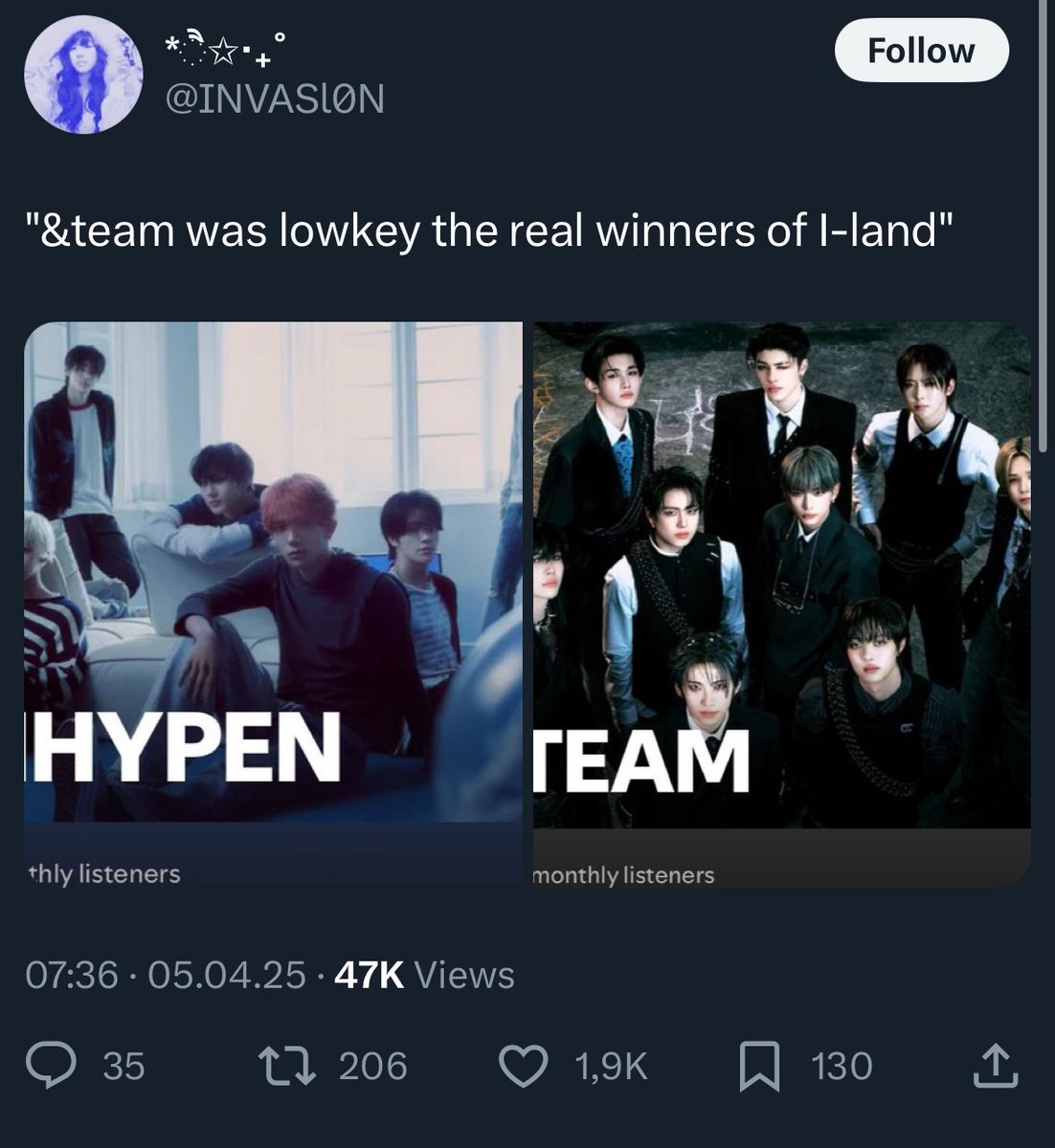 comparing monthly listeners bc people said &amp;team are the real winners of iland is so hypocritical like okay whatever makes them sleep i guess