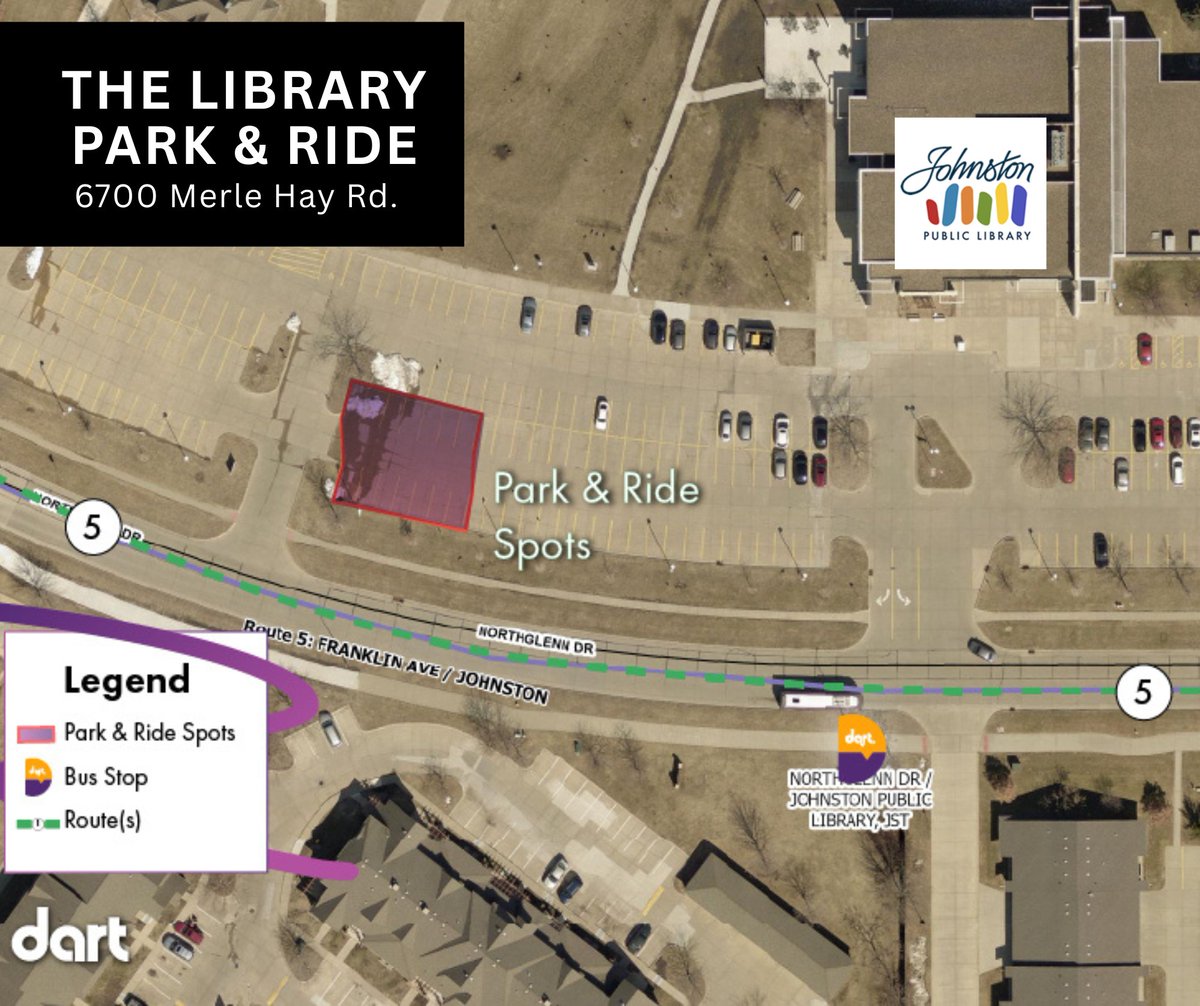 The City of Johnston and <a href="/ridedart/">DART</a> partnered to launch a new Park and Ride Facility at the Johnston Public Library’s western lot near the Simpson Barn! Check it out on ridedart.com/how-to-ride/pa…. New signs are up along Northglenn Dr. for guidance! #ParkAndRide #JohnstonIA