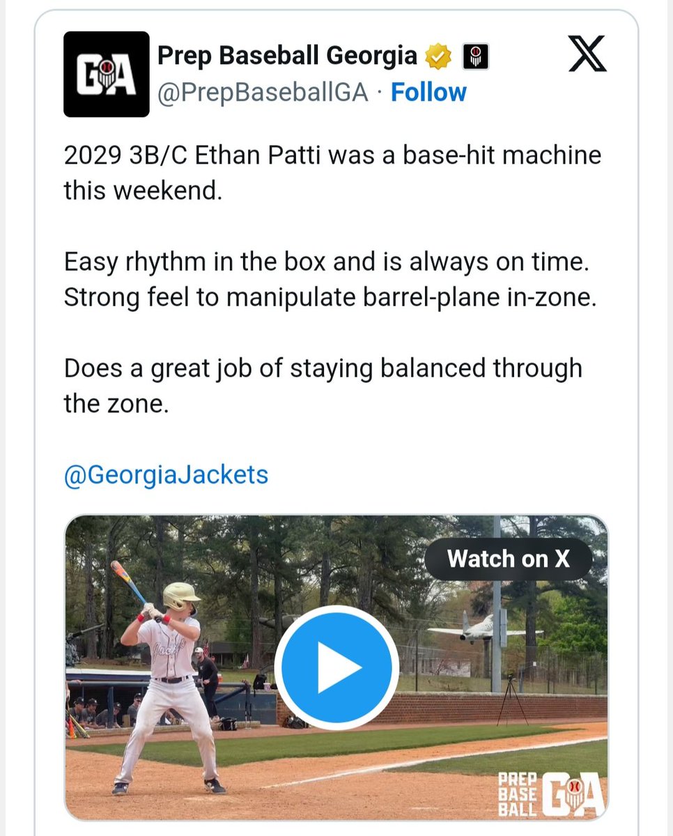 Ethan Patti (@ethan_patti24) on Twitter photo Thank you, <a href="/PrepBaseballGA/">Prep Baseball Georgia</a>
Great weekend, great write-up!
<a href="/MPCAthletics/">MPC Athletics</a> <a href="/GeorgiaJackets/">Georgia Jackets</a> <a href="/RLW_GAJackets/">Ryan Williams</a> <a href="/prepbaseball/">Prep Baseball</a> Thank you, <a href="/PrepBaseballGA/">Prep Baseball Georgia</a>
Great weekend, great write-up!
<a href="/MPCAthletics/">MPC Athletics</a> <a href="/GeorgiaJackets/">Georgia Jackets</a> <a href="/RLW_GAJackets/">Ryan Williams</a> <a href="/prepbaseball/">Prep Baseball</a>
