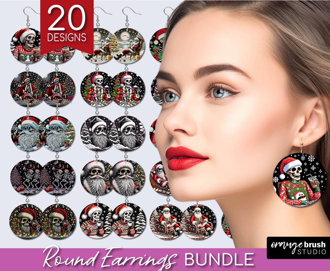 Christmas Skeleton Round Earrings PNG Bundle. Santa Skull Earring Sublimation Bundle. Spooky Christmas Funny PNG Designs - Digital Download by OrangeBrushStudio dlvr.it/TJzSzr Link in my Bio