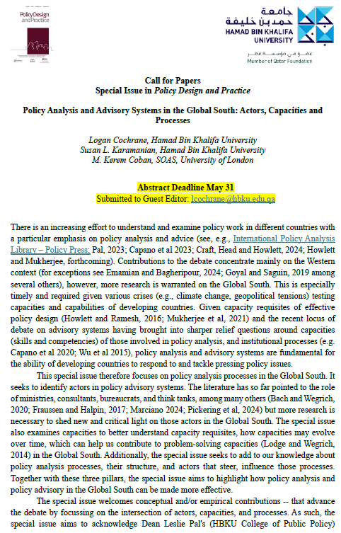 mkeremcoban's tweet image. 📣 Call for Papers

#PolicyAnalysis and #AdvisorySystems in the #GlobalSouth: Actors, Capacities and Processes. In 
@Journal_PDP guest-edited by Logan Cochrane, Susan Karamanian &amp;amp; I

Deadline❓May3️⃣1️⃣

The Special Issue celebrates the contributions of Dean @LesliePal 👇