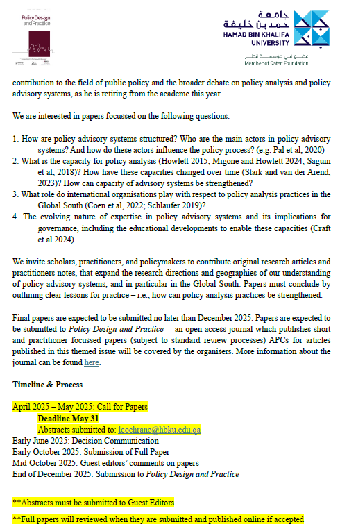 mkeremcoban's tweet image. 📣 Call for Papers

#PolicyAnalysis and #AdvisorySystems in the #GlobalSouth: Actors, Capacities and Processes. In 
@Journal_PDP guest-edited by Logan Cochrane, Susan Karamanian &amp;amp; I

Deadline❓May3️⃣1️⃣

The Special Issue celebrates the contributions of Dean @LesliePal 👇