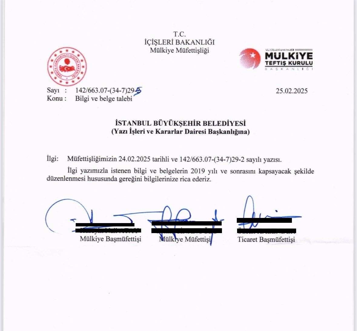 İçişleri Bakanlığı'nın İBB'den bazı şirketlerin aldığı ihale evraklarını istediği, İBB'nin gönderdiği cevapta bu şirketlerin 2019 öncesi AKP döneminde de iş aldığı ortaya çıkınca yeni bir yazı yazarak sadece 2019 sonrası evrakların istendiği ortaya çıktı.