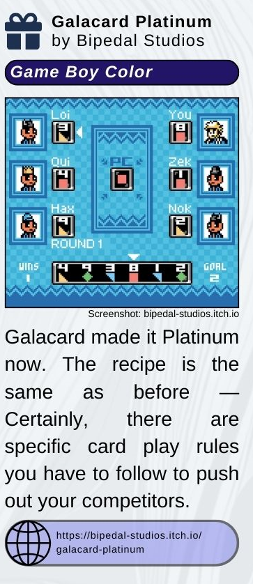 BipedalStudios's tweet image. Issue #5 of @brewotakumag is out! Thanks to BrewOtaku for featuring Galacard Platinum and Crystal Clear in the News-Corner section.
#gbdev #gameboy #retro #homebrew #pixelart