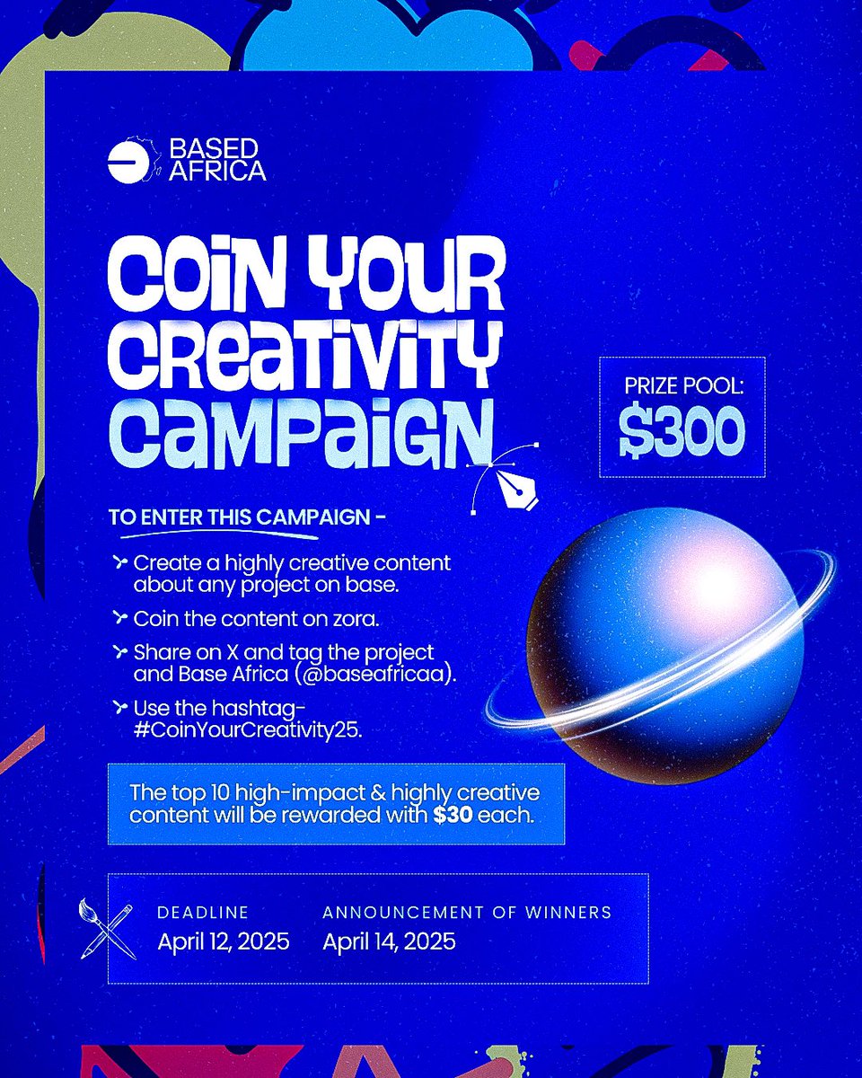 enbapps's tweet image. The #CoinYourCreativity prize pool has now been increased to $300🗣️‼️, all thanks to @russ_mcade 🚀💙.

To celebrate this, we’re extending the campaign deadline by one more week to allow for more quality submissions.
New deadline: April 12
Winners announcement: April 14

The…