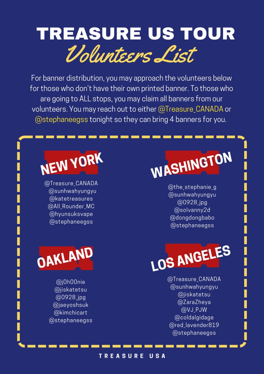 #TREASURE [SPECIAL MOMENT] in USA 

Banner Distribution Volunteers 

Shout out to the volunteers who have extended extra help in producing &amp; giving away our banners to those who couldn't print their own. 🫶🏻💛

Please feel free to follow or reach out to them during d-day! 😇
