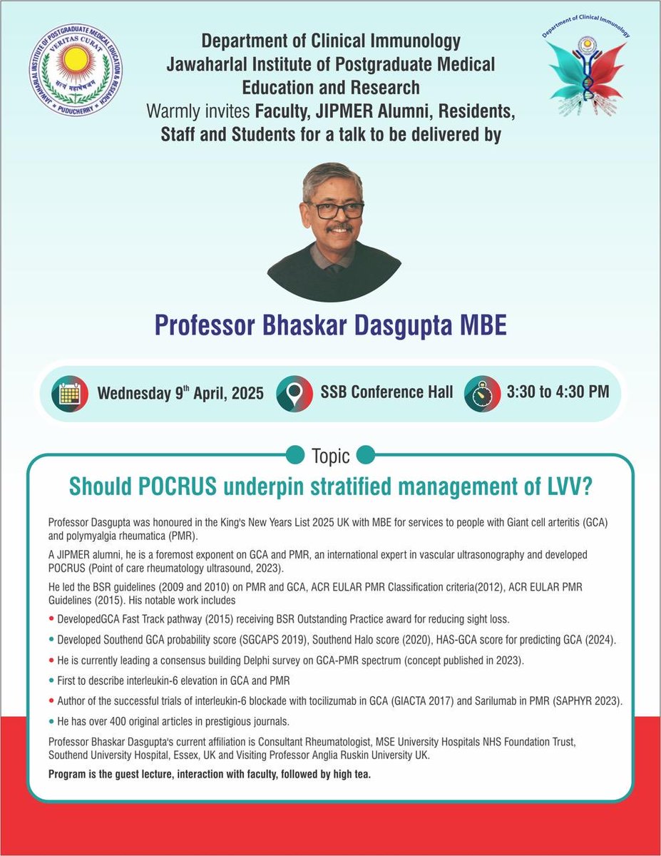 Bhaskar Dasgupta (@profbdasgupta) on Twitter photo Great privilege to talk to the faculty of JIPMER my Alma Mater on standards that MUST underpin care of GCA PMR and Large vessel vasculitis. Any guidelines that suggest less imaging may not be fit for purpose <a href="/PMRGCAuk/">Polymyalgia+GCA</a> Great privilege to talk to the faculty of JIPMER my Alma Mater on standards that MUST underpin care of GCA PMR and Large vessel vasculitis. Any guidelines that suggest less imaging may not be fit for purpose <a href="/PMRGCAuk/">Polymyalgia+GCA</a>