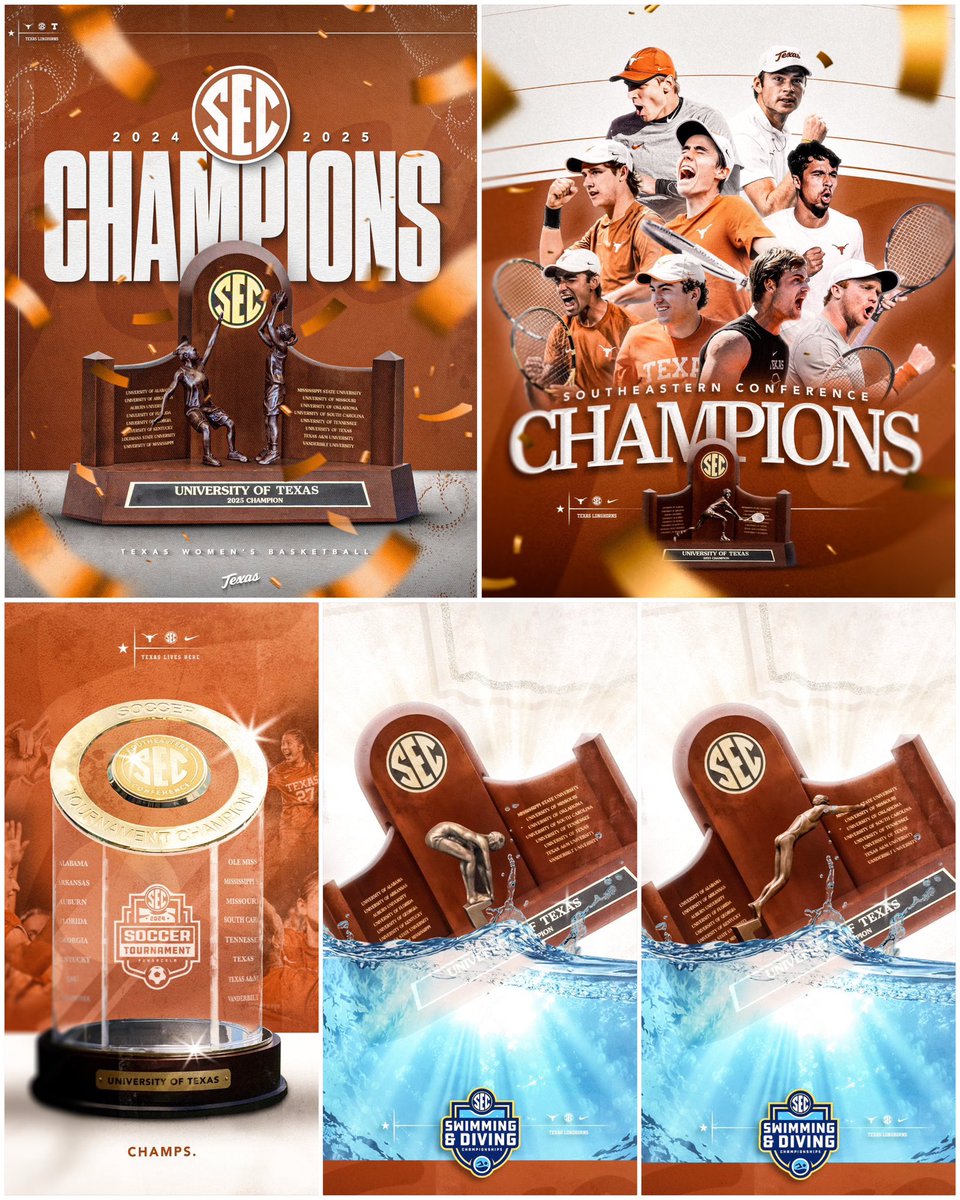Today’s outright regular season title-clinching win  by <a href="/TexasMTN/">Texas Men's Tennis</a> at Texas A&amp;M makes it 5️⃣ SEC Championships for our Longhorns this year, joining <a href="/TexasWBB/">Texas Women's Basketball</a>, <a href="/TexasMSD/">Texas Men's Swimming & Diving</a>,
<a href="/TexasWSD/">Texas Women's Swimming & Diving</a> and <a href="/TexasSoccer/">Texas Soccer</a>🤘🏻🤘🏻🤘🏻🤘🏻🤘🏻🏆🏆🏆🏆🏆
