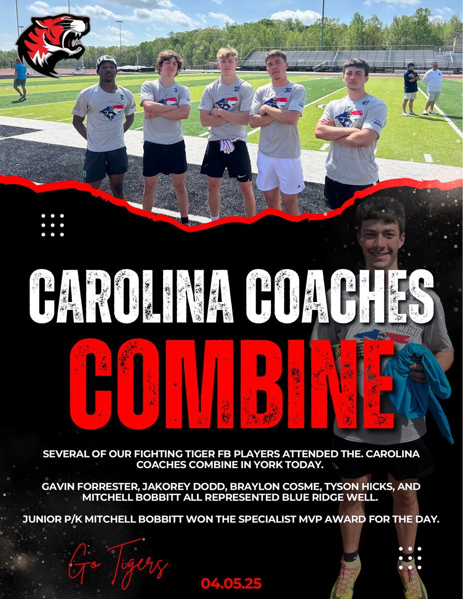 Several of our Fighting Tiger FB players attended the. Carolina Coaches Combine in York today. 

Gavin Forrester, Jakorey Dodd, Braylon Cosme, Tyson Hicks, and Mitchell Bobbitt all represented Blue Ridge well. 

Junior P/K Mitchell Bobbitt won the Specialist MVP Award for the day