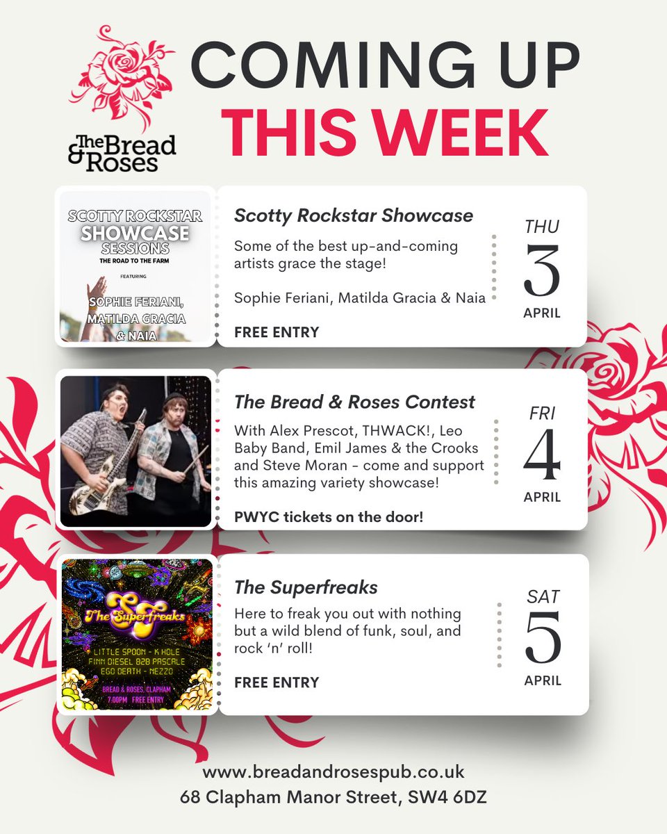 Longer nights 🤝 midweek pints 

We’re saying hello to April with a sparkling week of upcoming artists and The Superfreaks are here to to freak you out with funk, soul and rock ‘n’ roll 🥳

Or join us in a sunny beer garden and grab a bite to eat!
#breadandrosesclapham