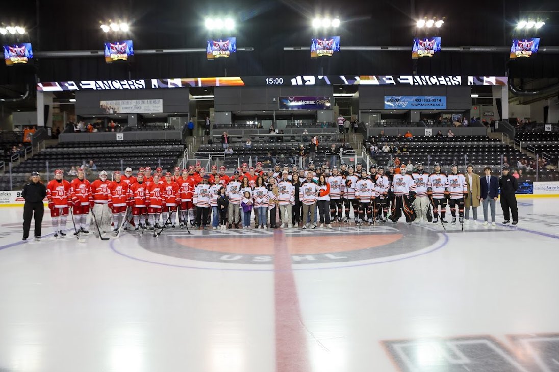 OmahaLancers's tweet photo. Tonight we honor the legend and legacy of the Gaudreau brothers with our hockey family. 🧡🖤❤️🤍 https://t.co/mlviSH03zV