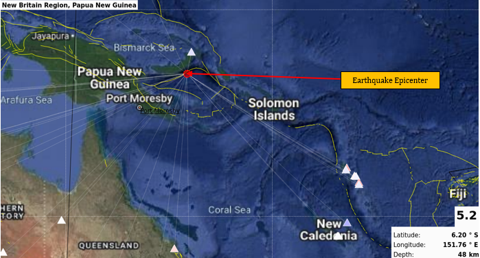 Earthquake Information bulletin issued.
Date: 06/04/2025
Time: 10:32:06 AM
Magnitude: 5.2
Depth: 48 km
Location: 191 km SE from Kimbe, New Britain Region, Papua New Guinea. However, it does not pose any immediate tsunami threat to the Fiji region.