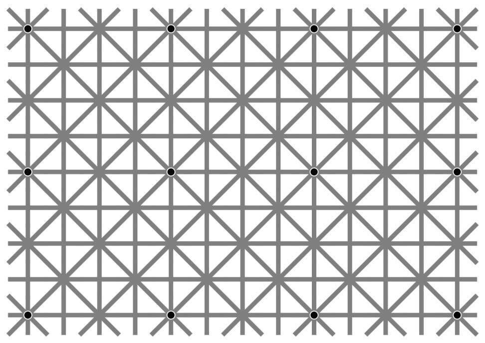 This illusion – one of the best of the last few years – will really mess with your head. How many black dots are there? The answer is 12, but your visual system won’t let you see them all at once.

[Link below.]