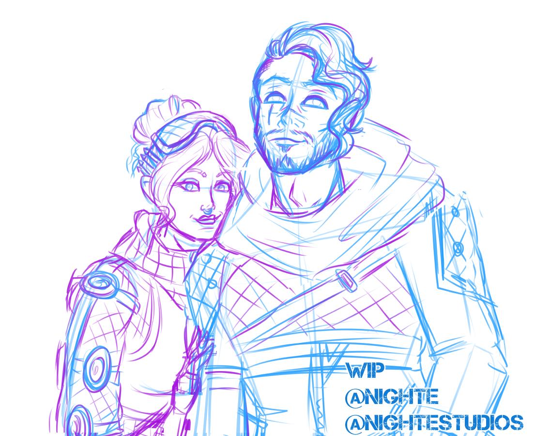 Rough unclean sketch of something I started for #MiraithWeek 

Gonna be late but I'll be working on it, I just wanted to draw them with switched abilities for fun. :)