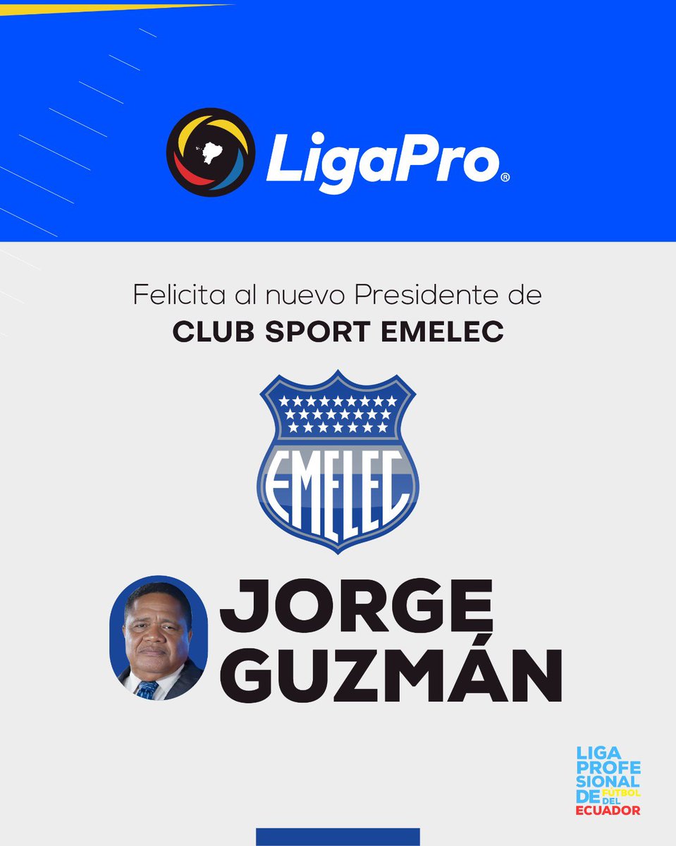 LigaPro Corporativa (@ligaprocorp) on Twitter photo 📍¡Felicitaciones Presidente Jorge Guzmán!🙌🏻⚽️
Fue electo como presidente de <a href="/CSEmelec/">Club Sport Emelec</a> 👏🏻
#LigaProInstitucional 🇪🇨💯 📍¡Felicitaciones Presidente Jorge Guzmán!🙌🏻⚽️
Fue electo como presidente de <a href="/CSEmelec/">Club Sport Emelec</a> 👏🏻
#LigaProInstitucional 🇪🇨💯