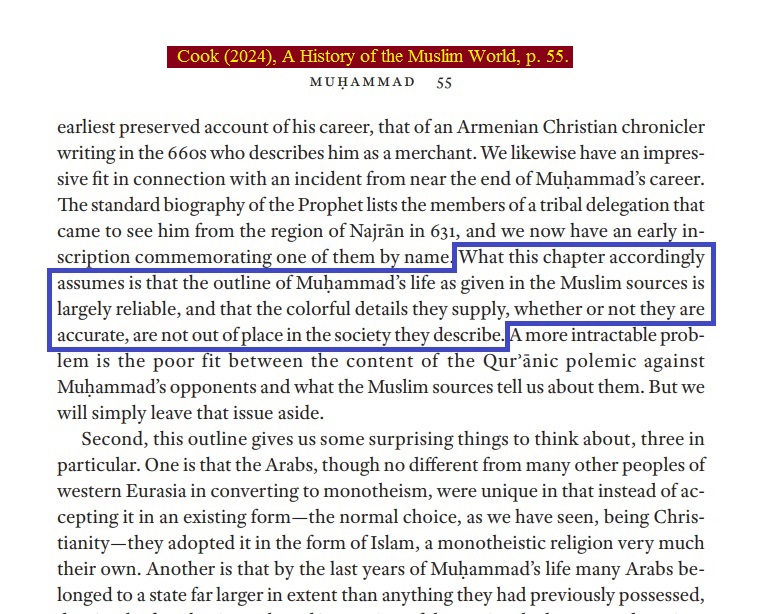 4/ وفي العام الماضي 2024 أصدر مايكل كوك آخر كتبه "تاريخ العالم الإسلامي" واعترف فيه بتراجعه عن هذا المنهج المتطرف الذي كان أحد أقطابه في شبابه، وأعاد الاعتبار للمصادر العربية قائلاً إن الإطار العام للسيرة النبوية ذو موثوقية كبيرة، والتفاصيل بغض النظر عن دقتها منسجمة مع بيئتها.