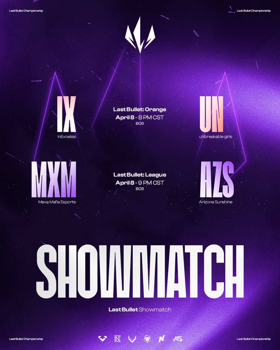 Tee Gaming (@teegamingorg) on Twitter photo Last Bullet: Showmatch
Nos vemos para mas acción Martes 8 de Abril
Transmisión: 📺twitch.tv/teegamingorg
<a href="/InExcelsisUS/">In Excelsis</a> Girls vs <a href="/uN_eSports_Gow/">uNbreakable eSports</a> Girls
Hora: 8:00 pm Mex
Bo3
Después⏩
<a href="/MexaMafiaEsport/">Mexa Mafia E-sports</a> vs <a href="/AZs_Org/">Azs Org</a>
Hora: 9:00 pm Mex
Bo3
Patrocinadores:
<a href="/NostalgiaGnesis/">𝐍𝐨𝐬𝐭𝐚𝐥𝐠𝐢𝐚</a> Last Bullet: Showmatch
Nos vemos para mas acción Martes 8 de Abril
Transmisión: 📺twitch.tv/teegamingorg
<a href="/InExcelsisUS/">In Excelsis</a> Girls vs <a href="/uN_eSports_Gow/">uNbreakable eSports</a> Girls
Hora: 8:00 pm Mex
Bo3
Después⏩
<a href="/MexaMafiaEsport/">Mexa Mafia E-sports</a> vs <a href="/AZs_Org/">Azs Org</a>
Hora: 9:00 pm Mex
Bo3
Patrocinadores:
<a href="/NostalgiaGnesis/">𝐍𝐨𝐬𝐭𝐚𝐥𝐠𝐢𝐚</a>